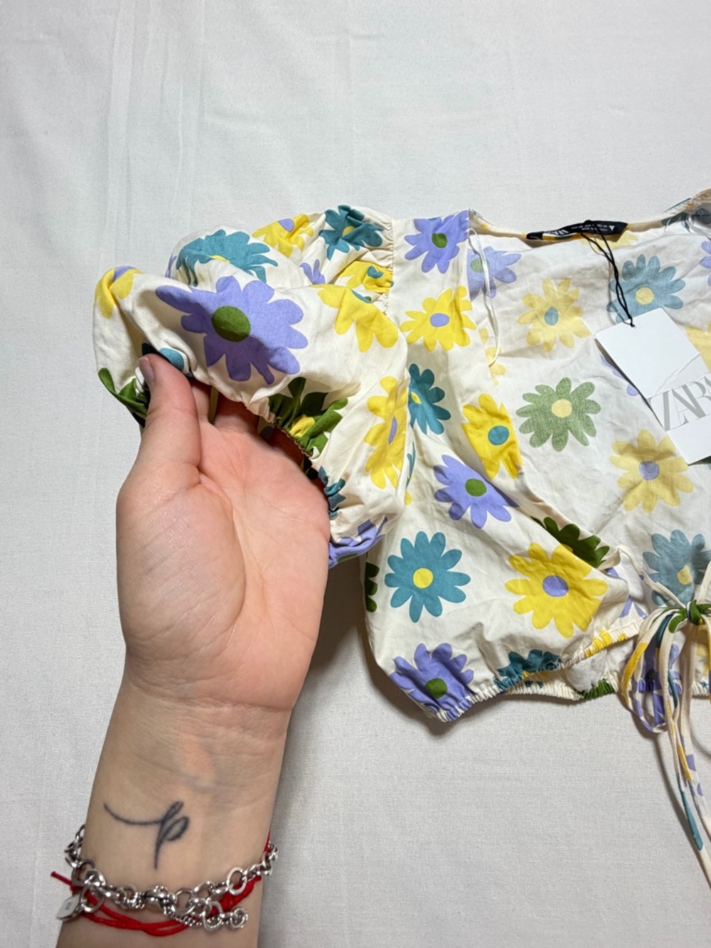 NWT Zara Floral Puff Sleeve Crop Top XS Tie Front Boho Cottagecore - Picture 2 of 6